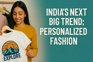 Young Indian woman browsing custom-designed clothing on a tablet, surrounded by colorful garments and fashion sketches, representing India’s growing personalized fashion trend.