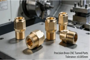 Close-up of precision brass CNC turned parts, including sensor housings and connectors, on an inspection surface in an industrial manufacturing setting.