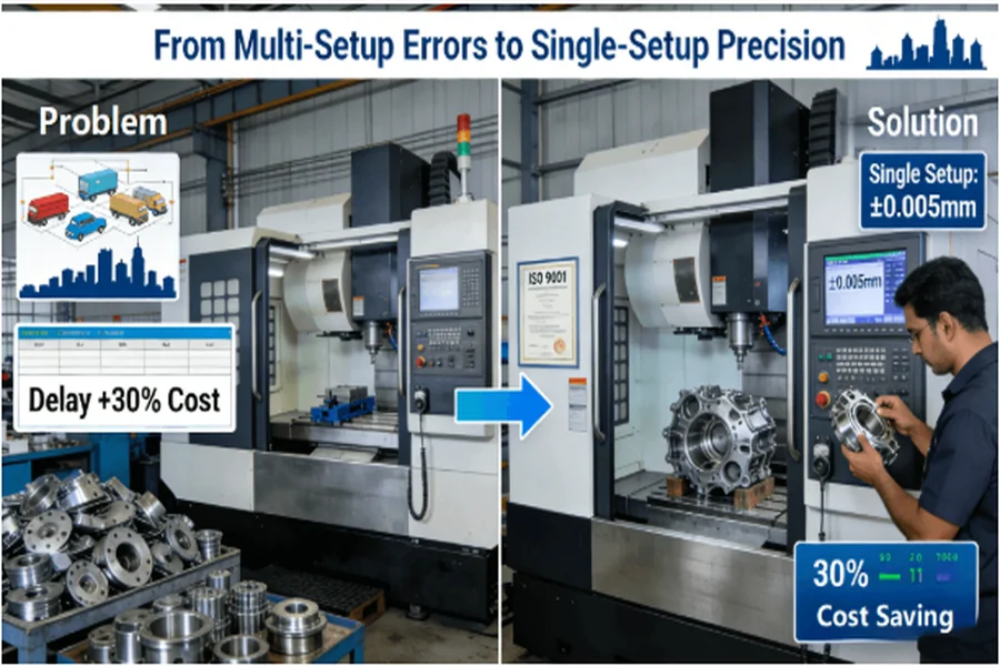 5-axis CNC machining solution for Pune businesses: transitioning from traditional multi-setup errors with 30% cost overruns to single-setup precision achieving 30% savings with ISO 9001 certified processes.